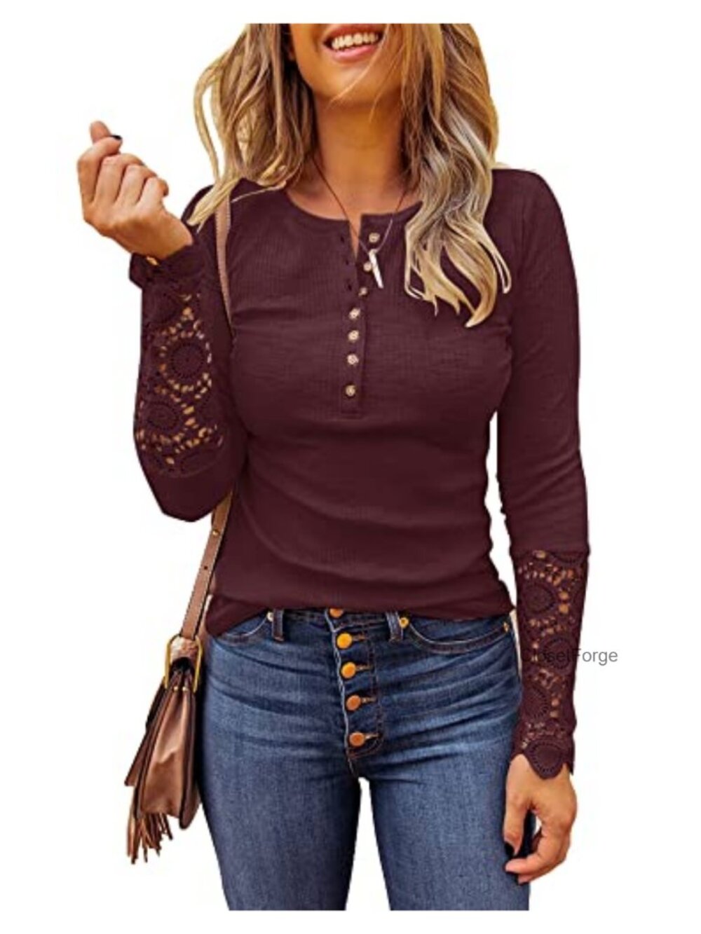 Women's Long Sleeve Lace Trim Tunic Top Button Down Casual Blouse Ribbed Crew